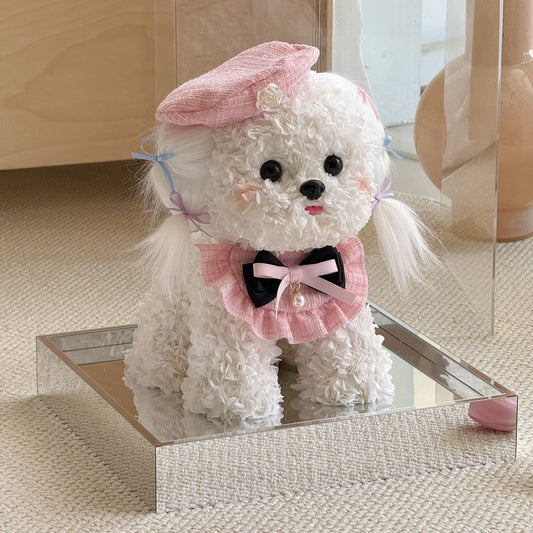 Flower Doggy | Mochi (White Maltese with Beret & Collar Set, Size L) Pink Toujours Flowers