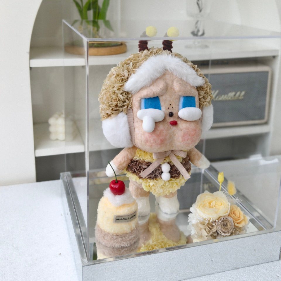 Flower Crybaby-I'll bring you a flower  with a cake and cherry on a decorative stand in a glass case.