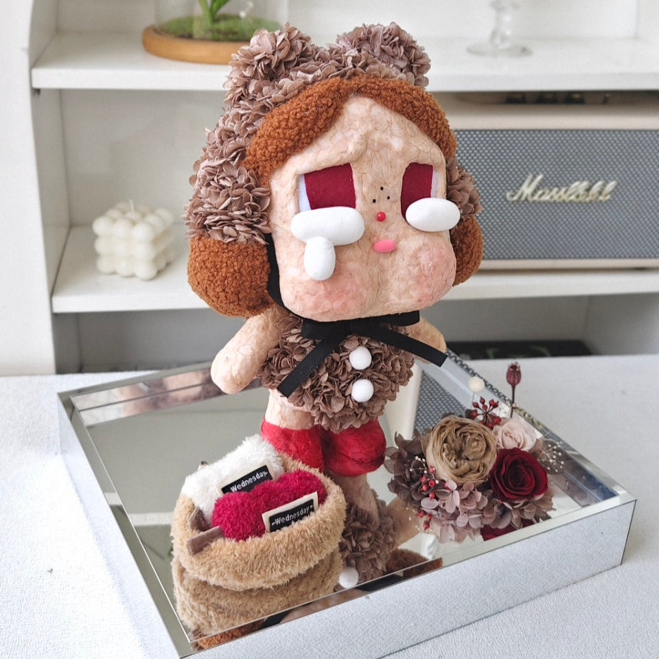 Flower Crybaby-love makes us cry with a stylish outfit on a reflective surface with a blurred background