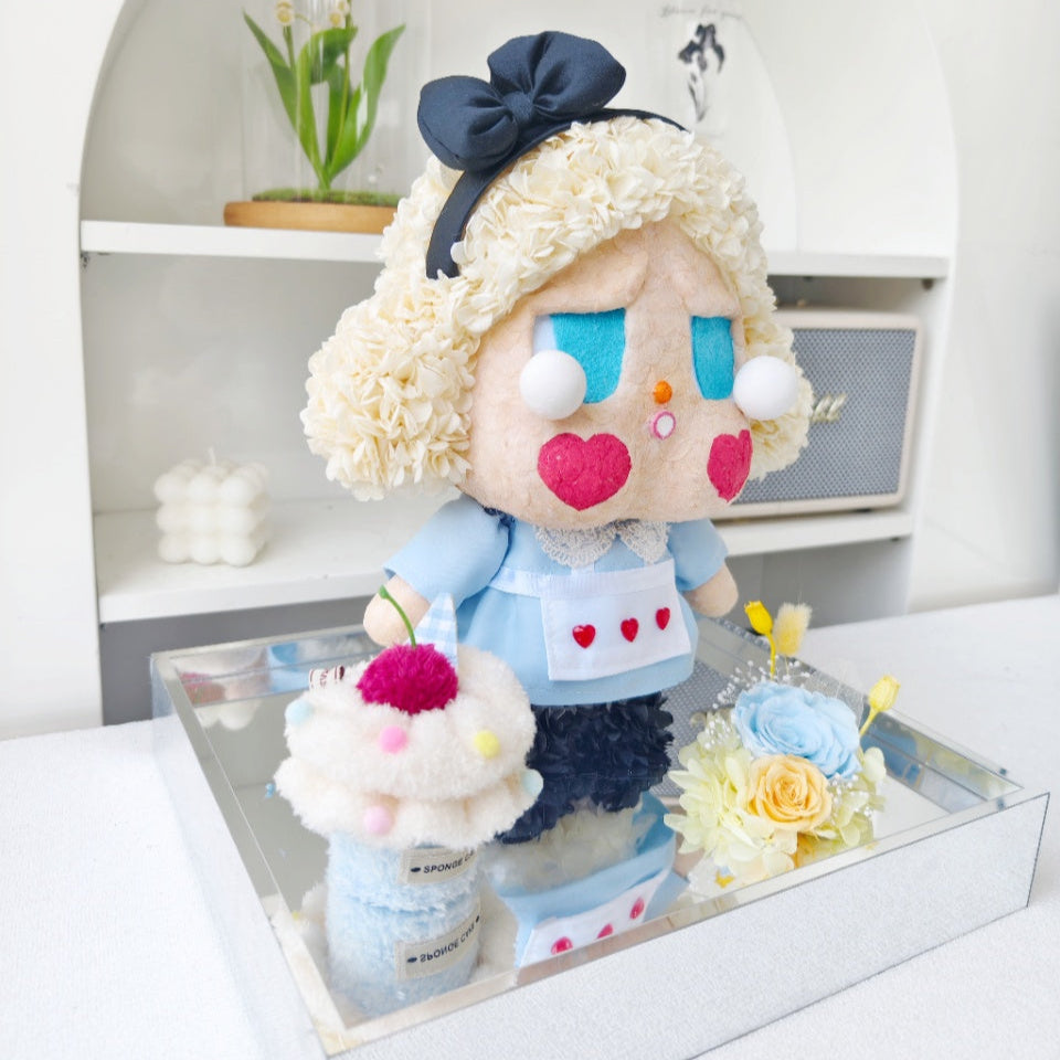 Flower Crybaby-she's alice with blonde hair and blue eyes on a reflective surface