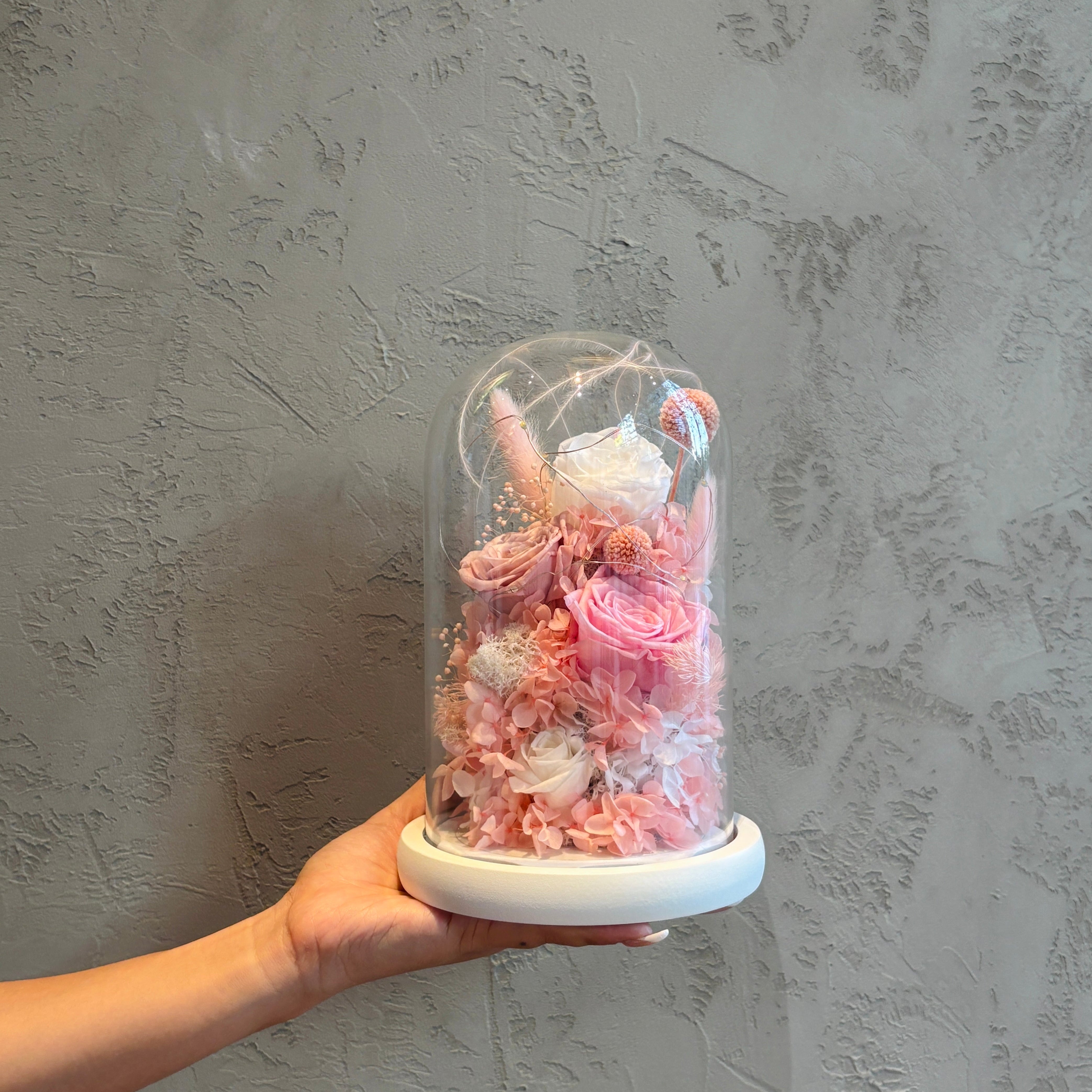 Blush Glow | Flower Display in Glass Dome (Pink White, with Lights)