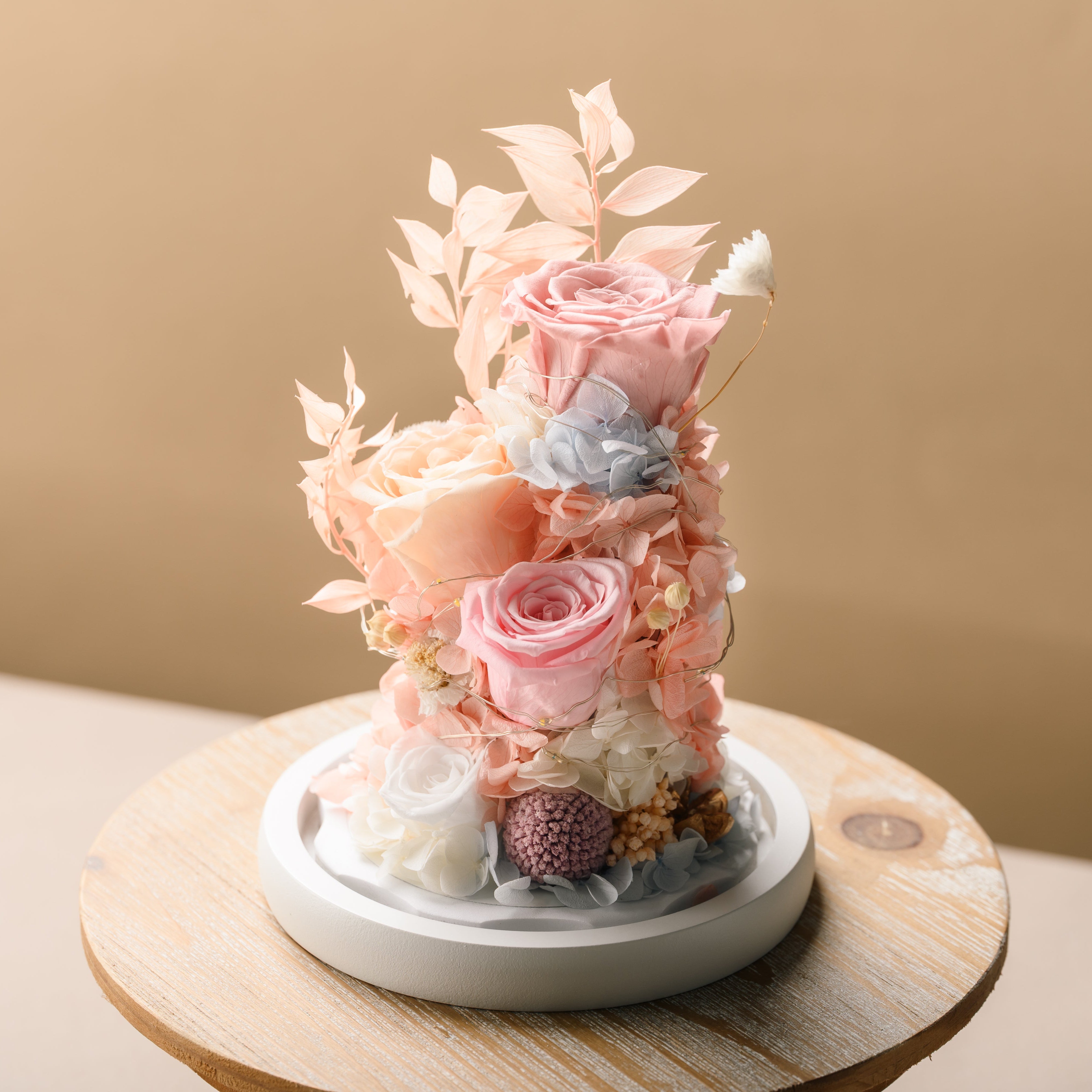 Blush Glow | Flower Display in Glass Dome (with Lights) Toujours Flowers