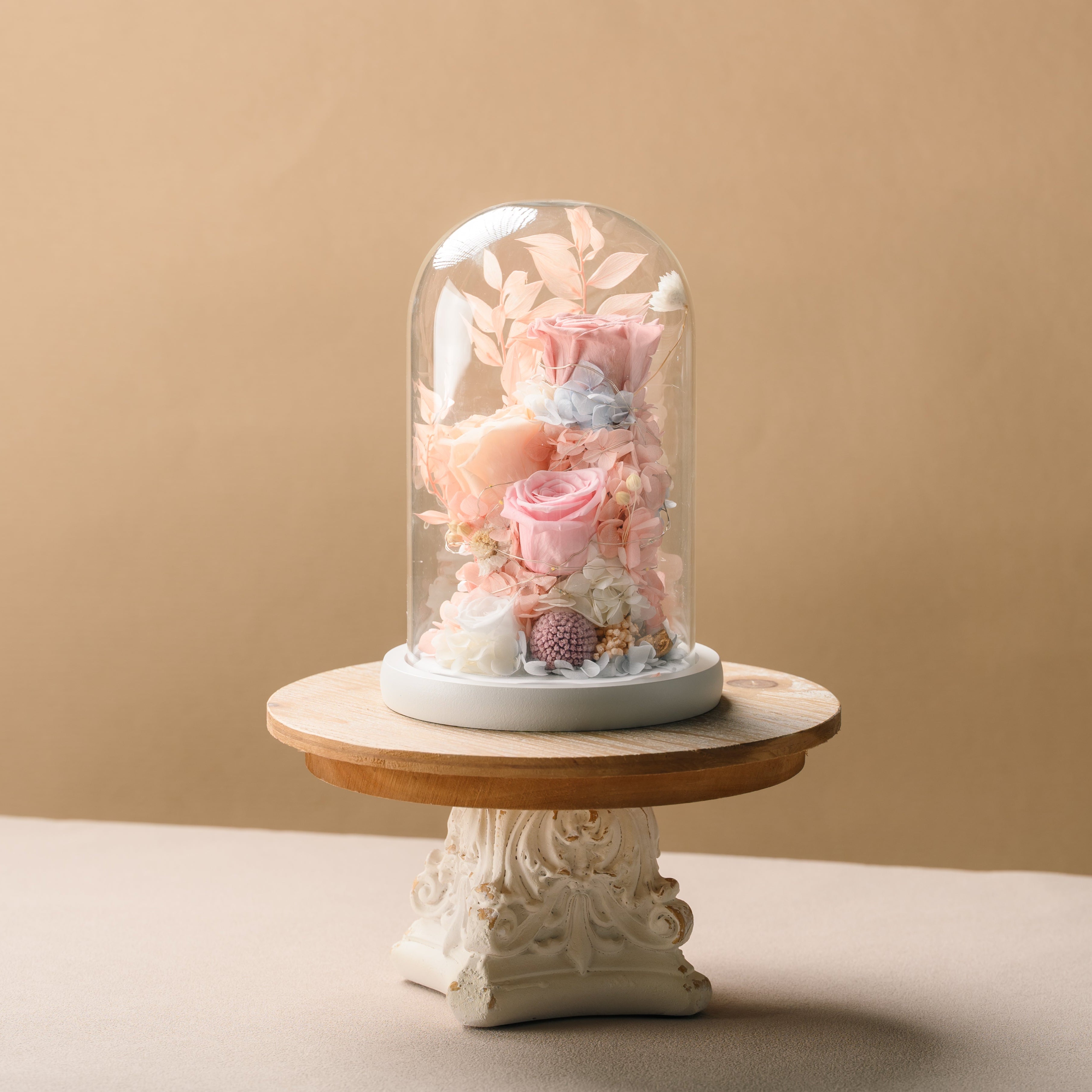 Blush Glow | Flower Display in Glass Dome (with Lights)