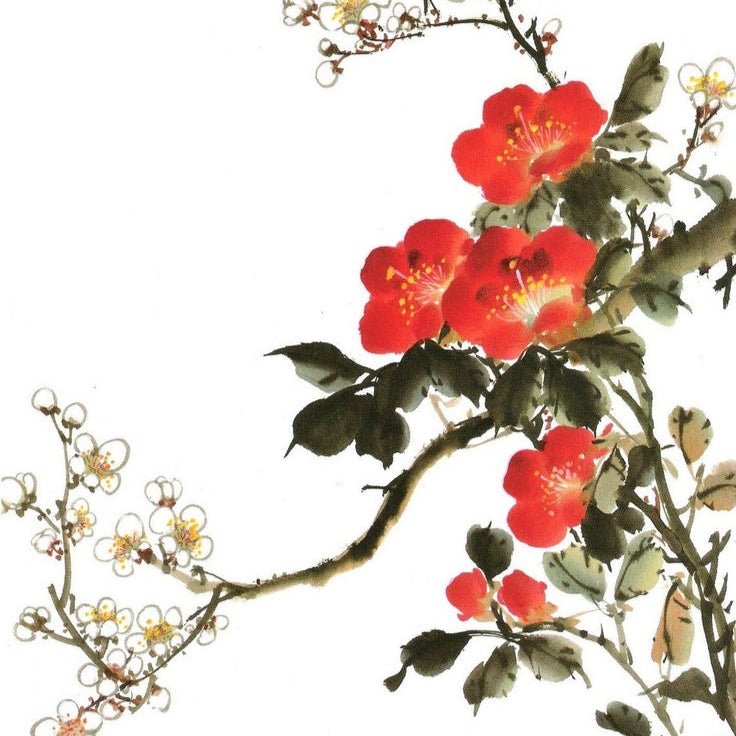 Traditional Chinese painting of red flowers and green leaves on a white background