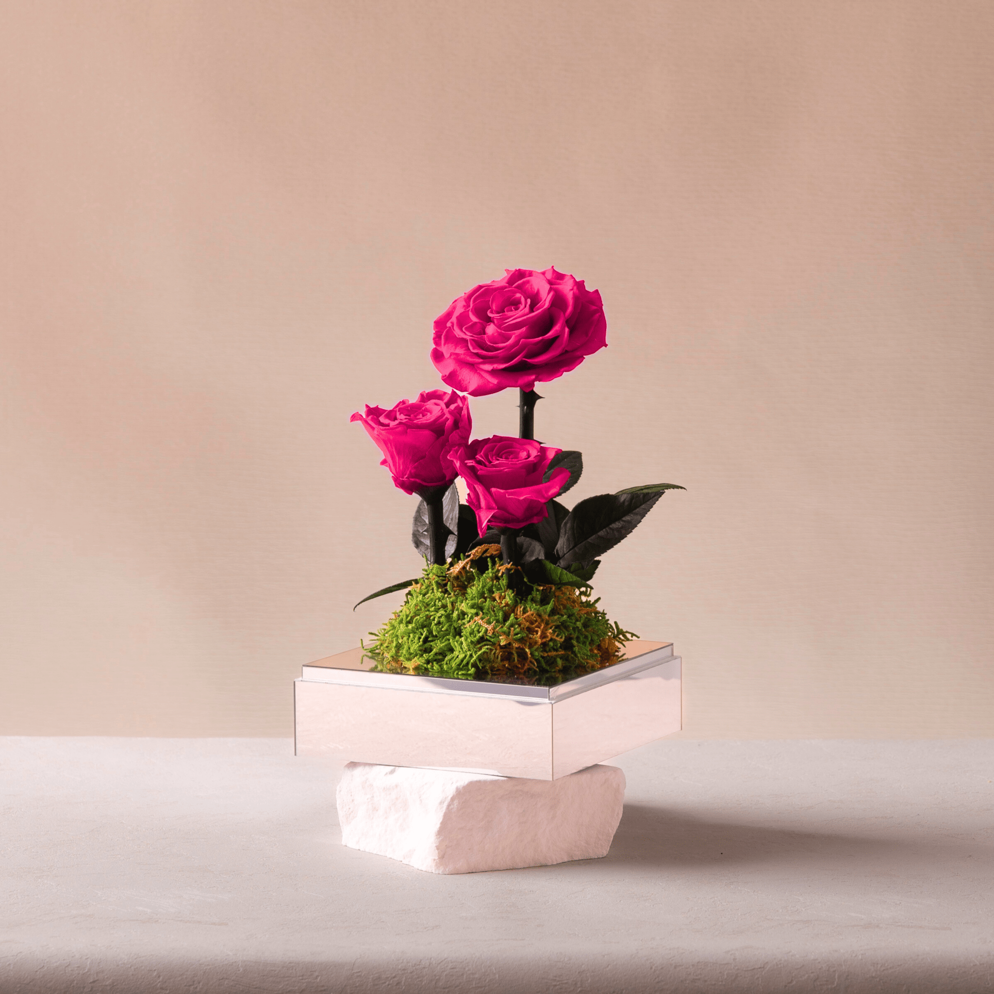 Preserved red rose trio rising from a green moss dome in a mirrored square box, displayed atop a white stone plinth against a neutral background.