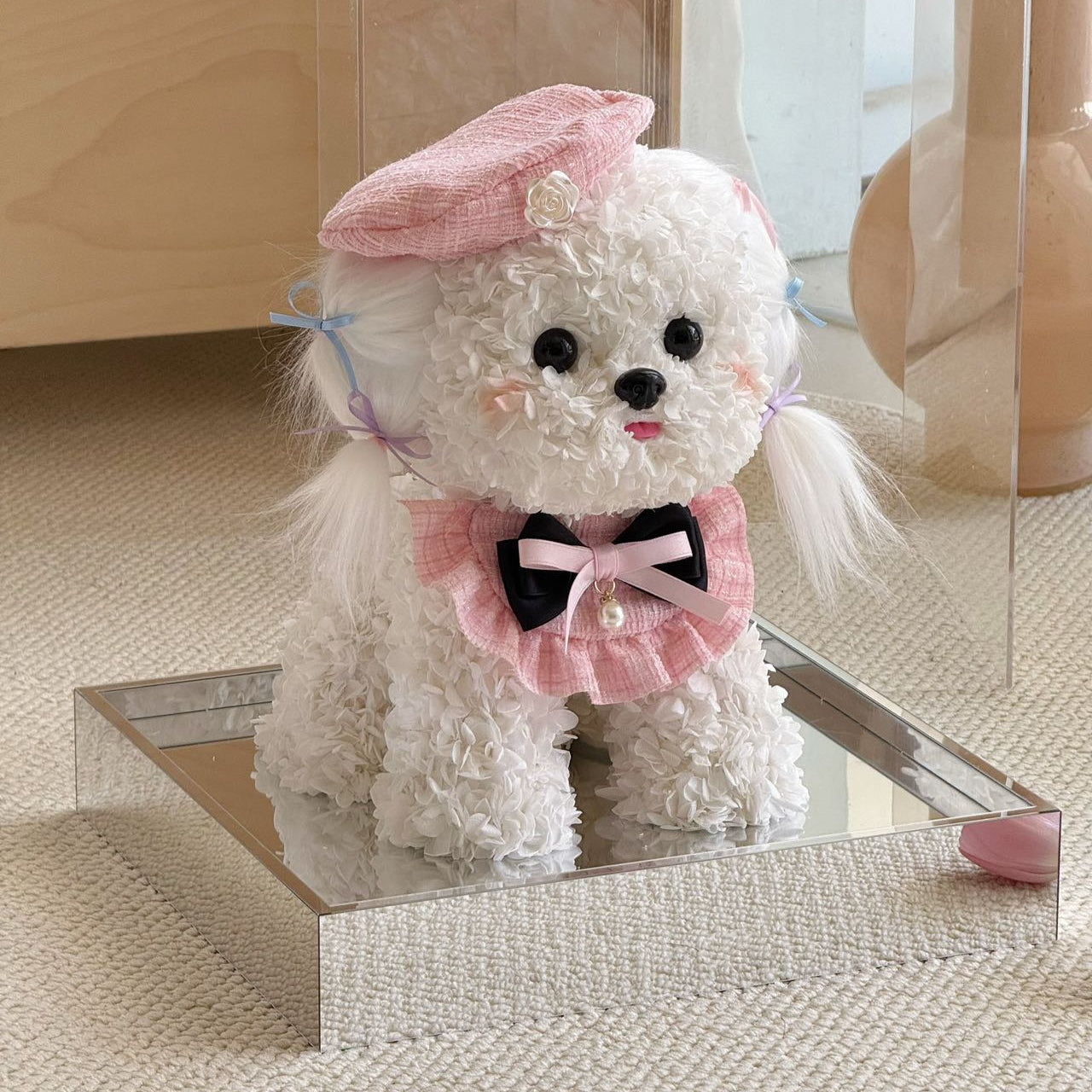 Flower Doggy | Mochi (White Maltese with Beret & Collar Set, Size L) Pink Toujours Flowers