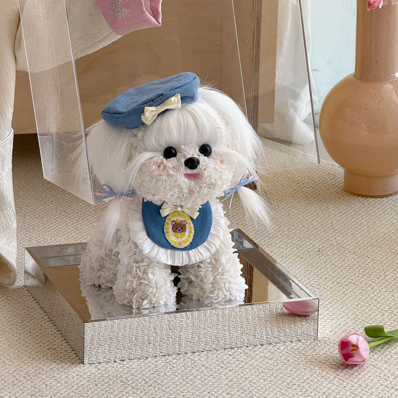 Flower Doggy | Mochi (White Maltese with Beret & Collar Set, Size L) Blue Toujours Flowers