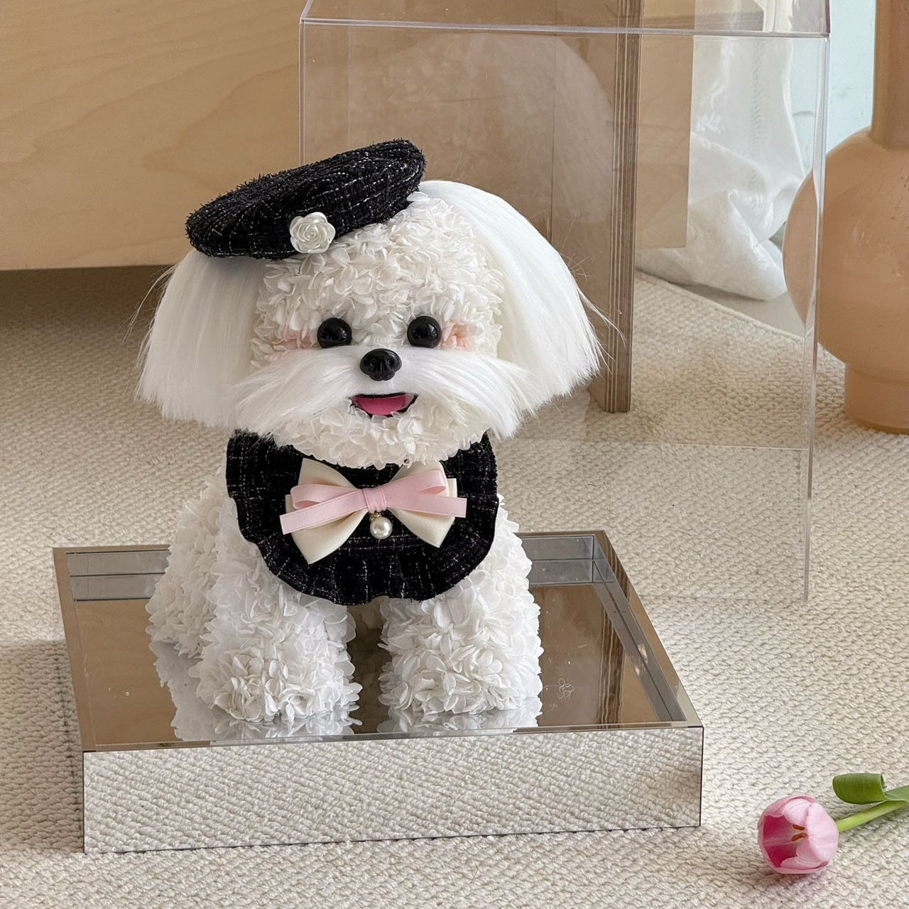 Flower Doggy | Mochi (White Maltese with Beret & Collar Set, Size L) Black & Pink Toujours Flowers